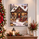 Finished santa's workshop cafe house pearl diamond painting artwork displayed as holiday home decor