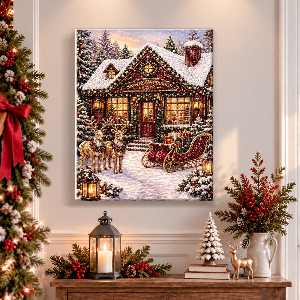 Finished santa's workshop cafe house pearl diamond painting artwork displayed as holiday home decor