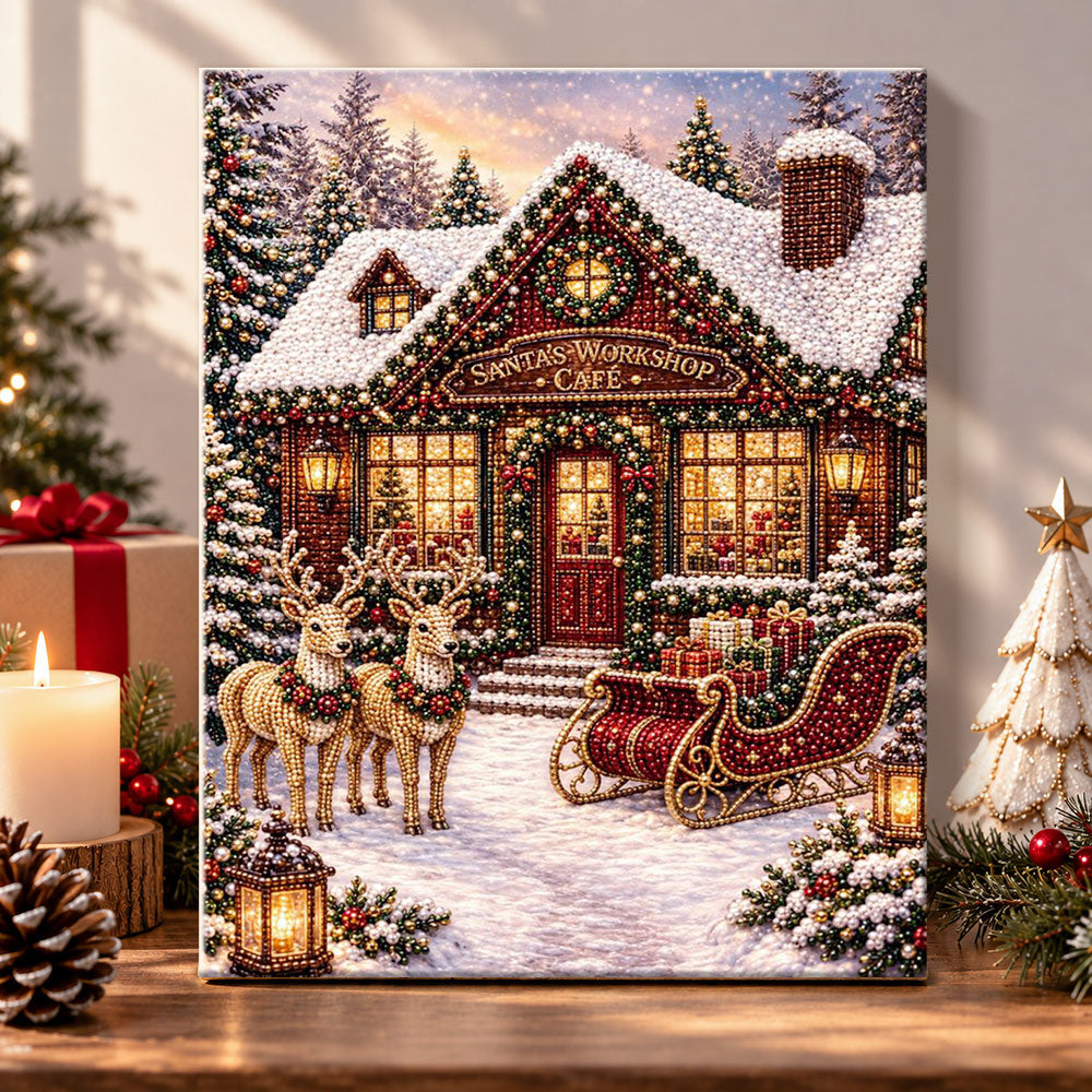 Santa's workshop cafe house pearl diamond painting kit for beginners