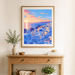 Finished santorini golden hour cross stitch artwork displayed as home decor