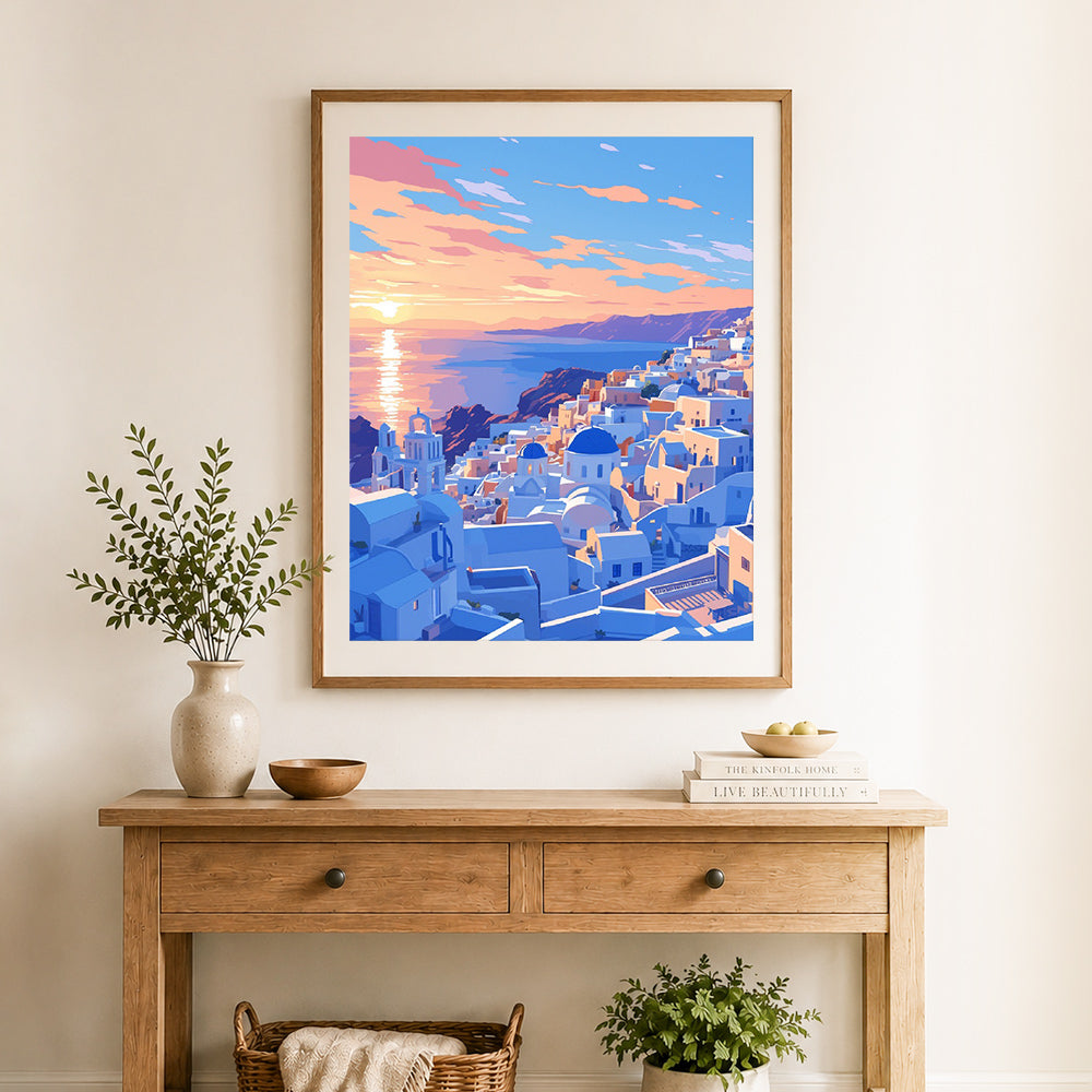 Finished santorini golden hour cross stitch artwork displayed as home decor