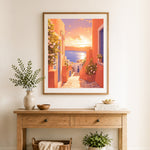 Finished santorini sunset cross stitch artwork displayed as home decor