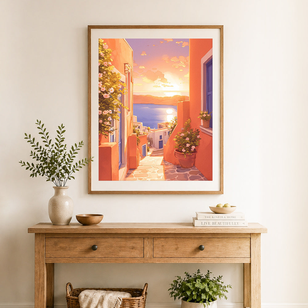 Finished santorini sunset cross stitch artwork displayed as home decor
