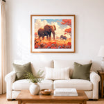 Finished savannah elephant sunset cross stitch artwork displayed as home decor