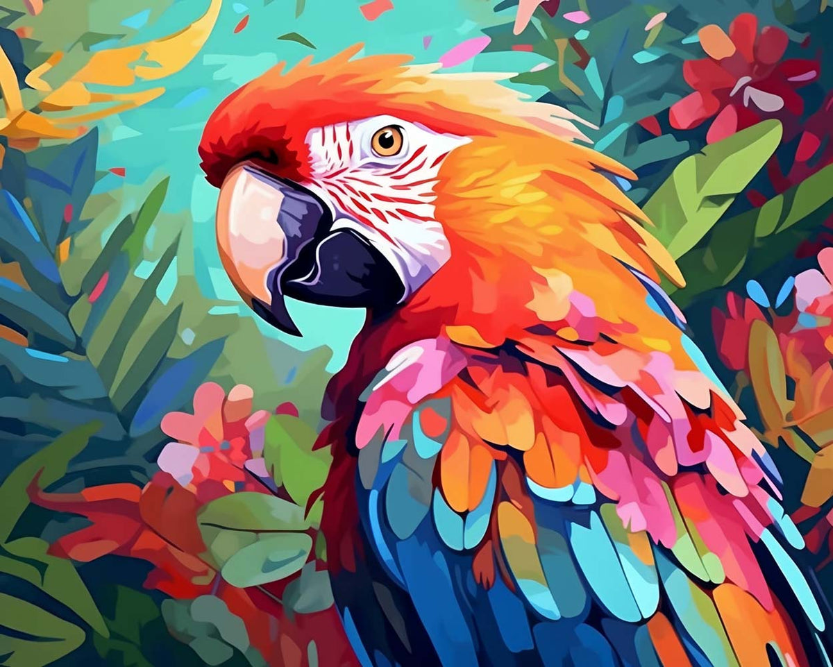 Scarlet macaw in tropical foliage cross stitch kit for beginners