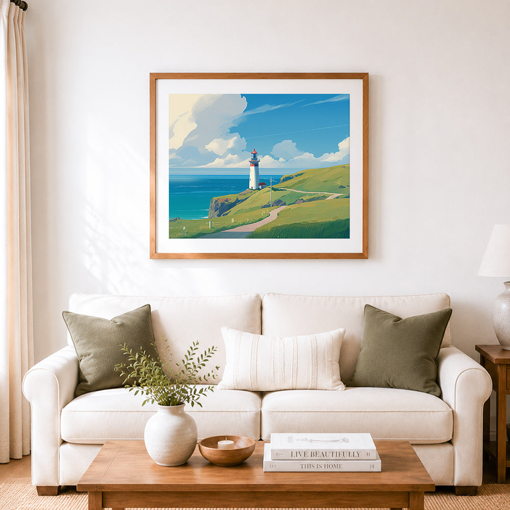 Finished scenic coastal lighthouse vista cross stitch artwork displayed as home decor