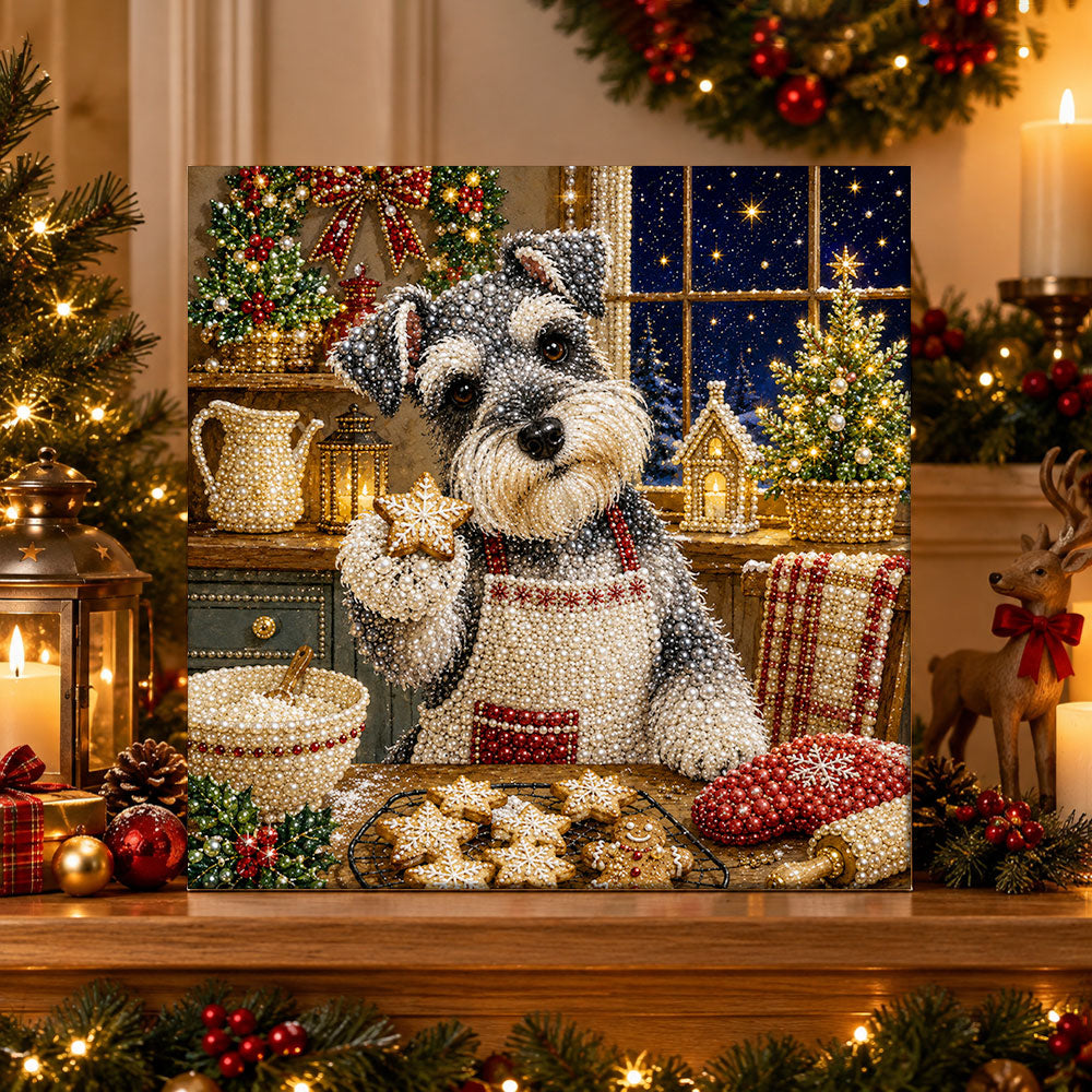 Finished schnauzer baking christmas cookies pearl diamond painting artwork displayed as holiday home decor
