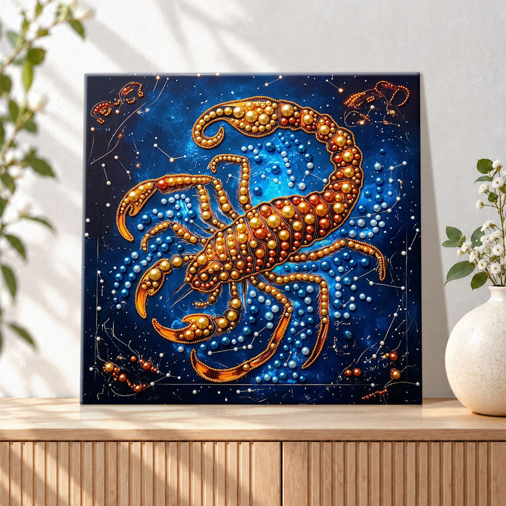 Finished scorpio zodiac scorpion pearl diamond painting artwork displayed as holiday home decor