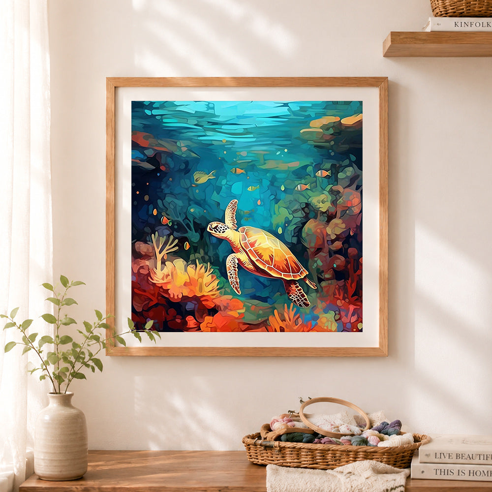 Finished sea turtle coral reef underwater art cross stitch artwork displayed as home decor