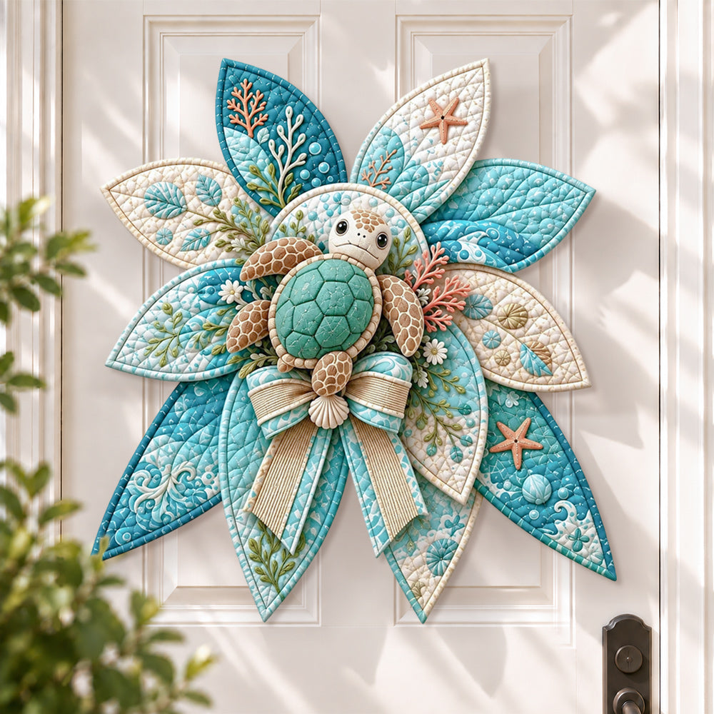 Sea turtle DIY quilted bow sewing kit finished as a handmade door decoration