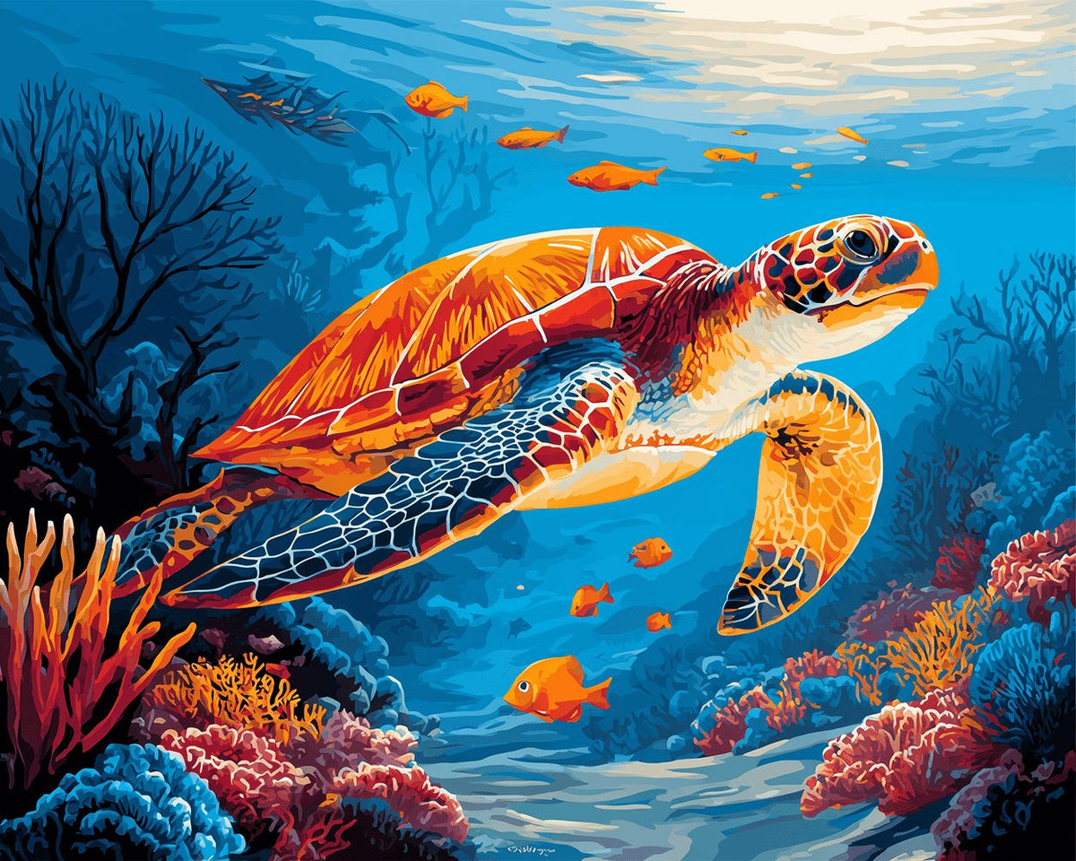 Sea turtle in coral reef cross stitch kit for beginners