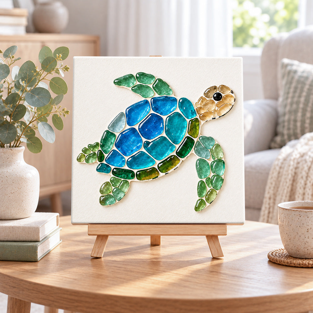 Sea turtle sea glass art kit displayed as seasonal home decor