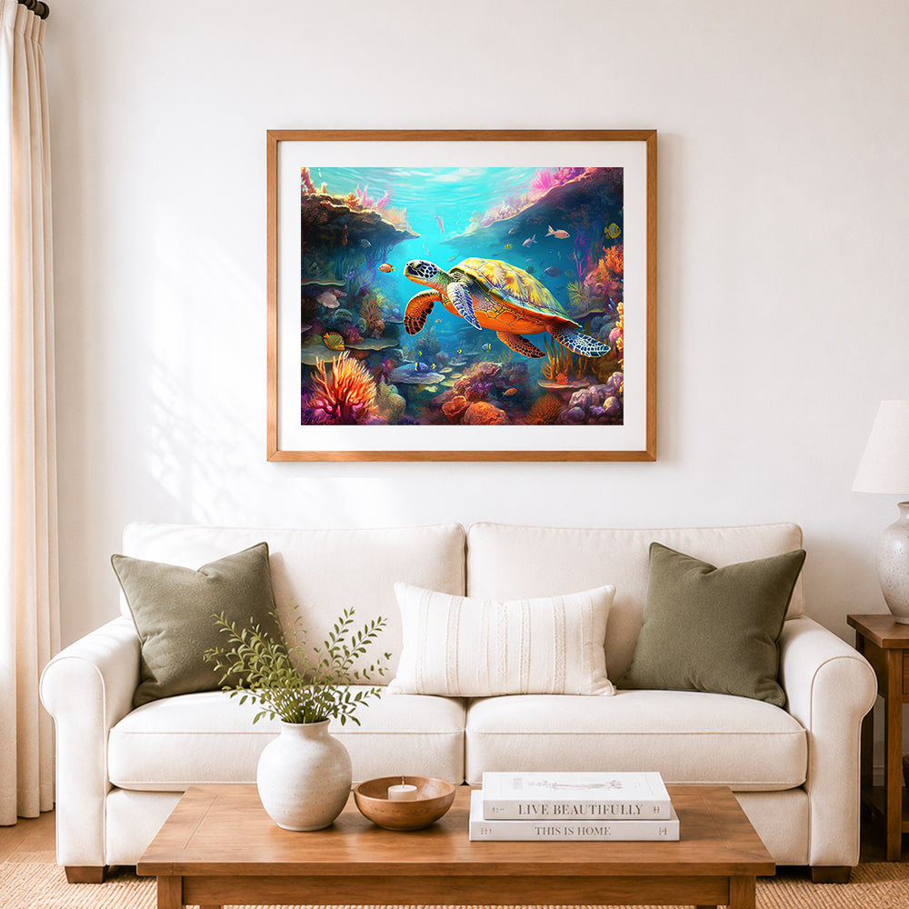 Finished sea turtle swimming in coral reef cross stitch artwork displayed as home decor