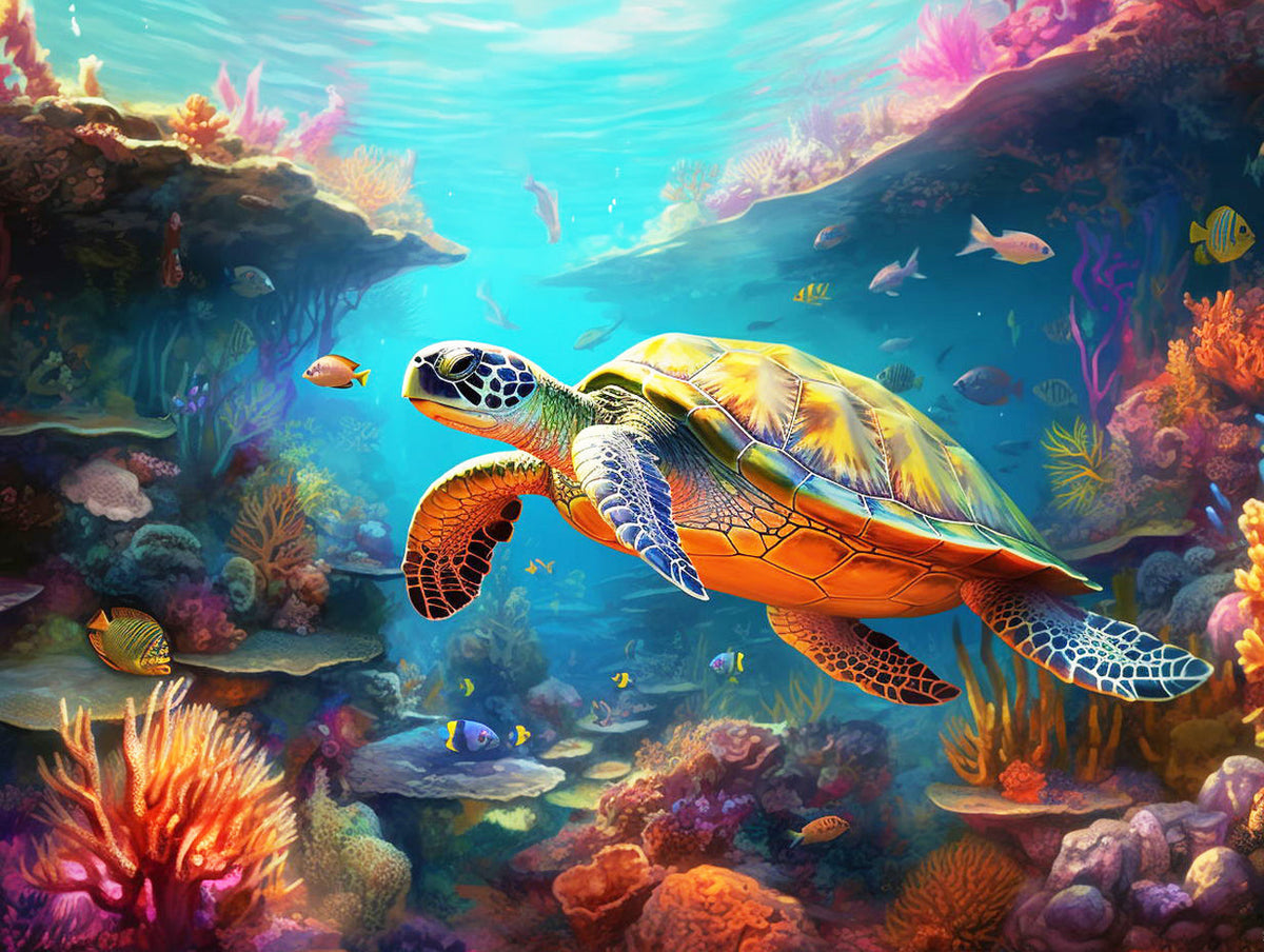 Sea turtle swimming in coral reef cross stitch kit for beginners