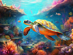 Sea turtle swimming in coral reef cross stitch kit for beginners