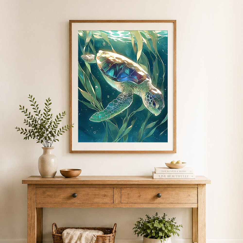 Finished sea turtle swimming in kelp cross stitch artwork displayed as home decor