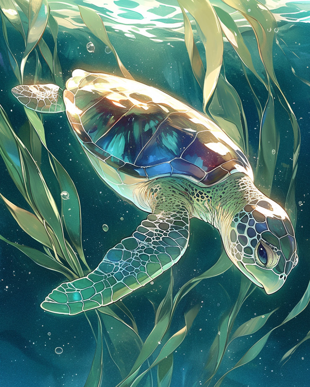 Sea turtle swimming in kelp cross stitch kit for beginners