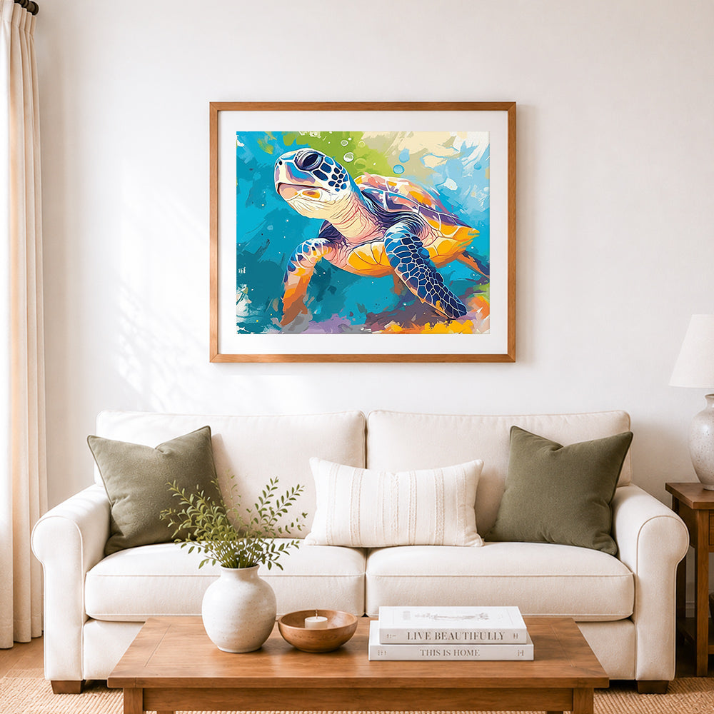 Finished sea turtle under ocean waves cross stitch artwork displayed as home decor