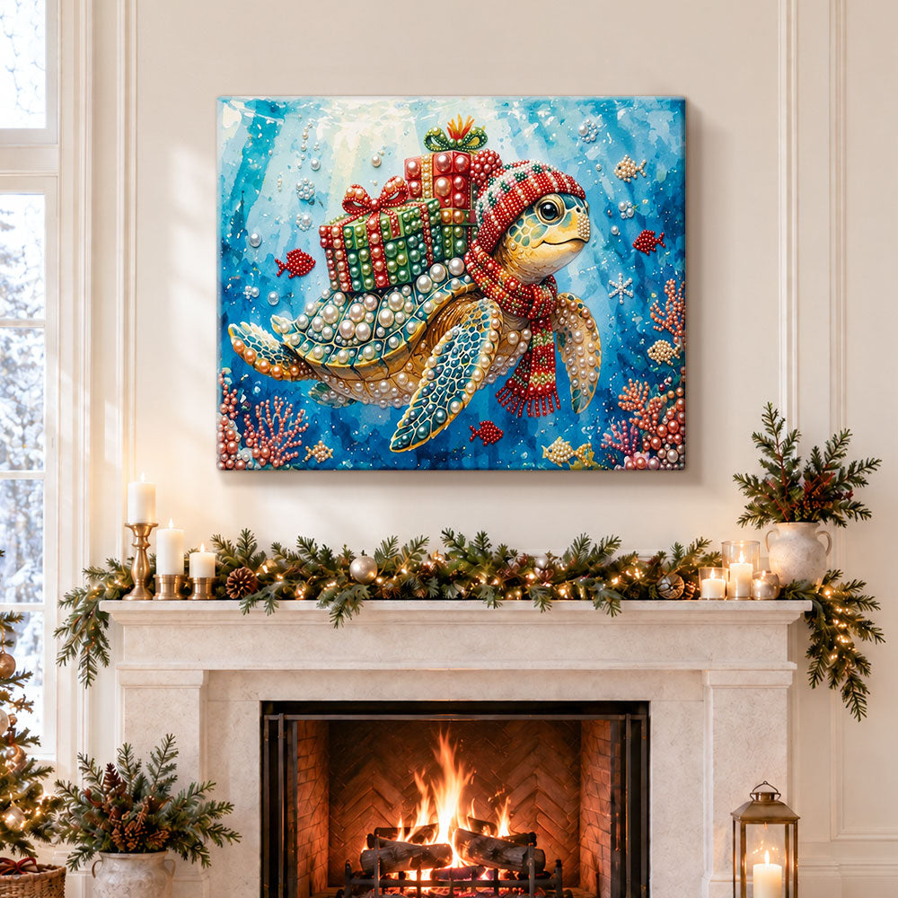 Finished sea turtle with holiday gifts pearl diamond painting artwork displayed as holiday home decor