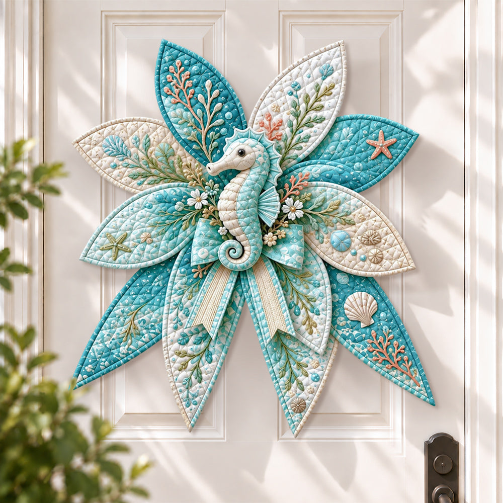 Seahorse DIY quilted bow sewing kit finished as a handmade door decoration