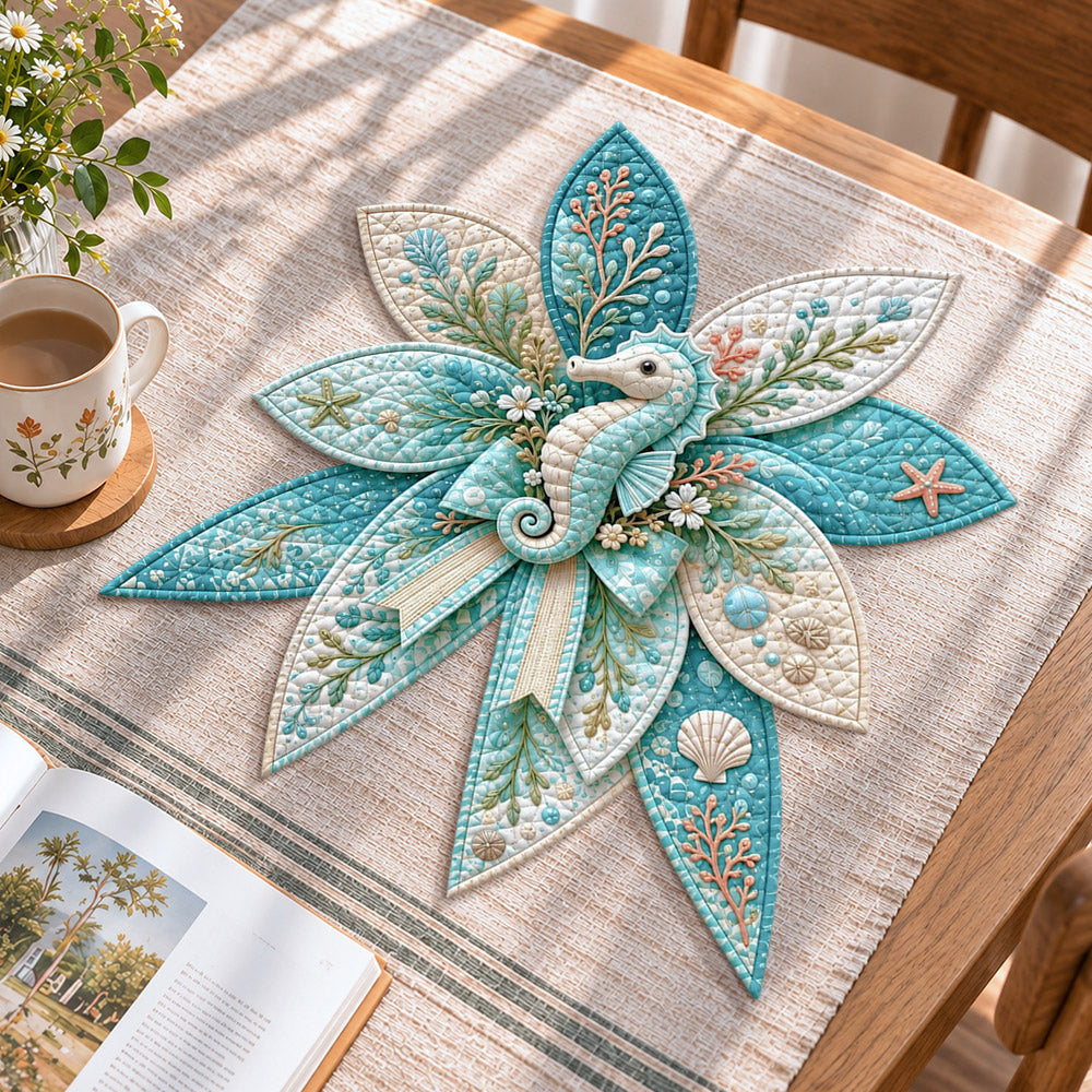 Seahorse handmade quilted bow displayed on a table as seasonal home decor