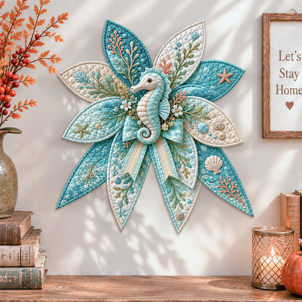 Seahorse quilted bow displayed as handmade wall decor in a cozy home