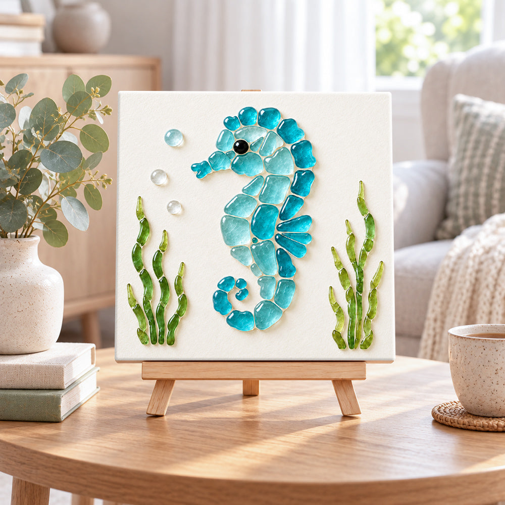 Seahorse sea glass art kit displayed as seasonal home decor