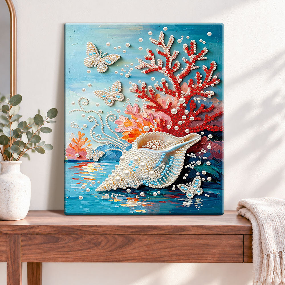 Finished seashell and coral butterflies pearl diamond painting artwork displayed as home decor