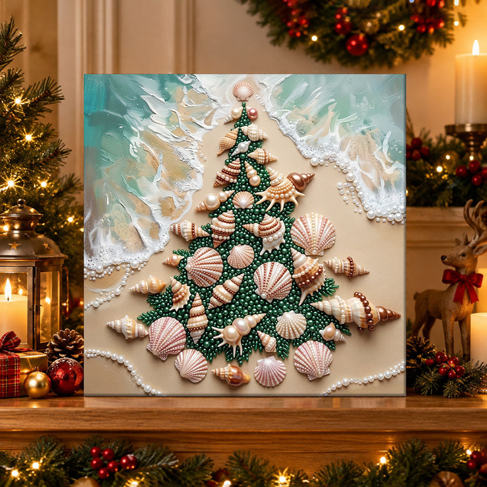 Finished seashell beach christmas tree pearl diamond painting artwork displayed as holiday home decor