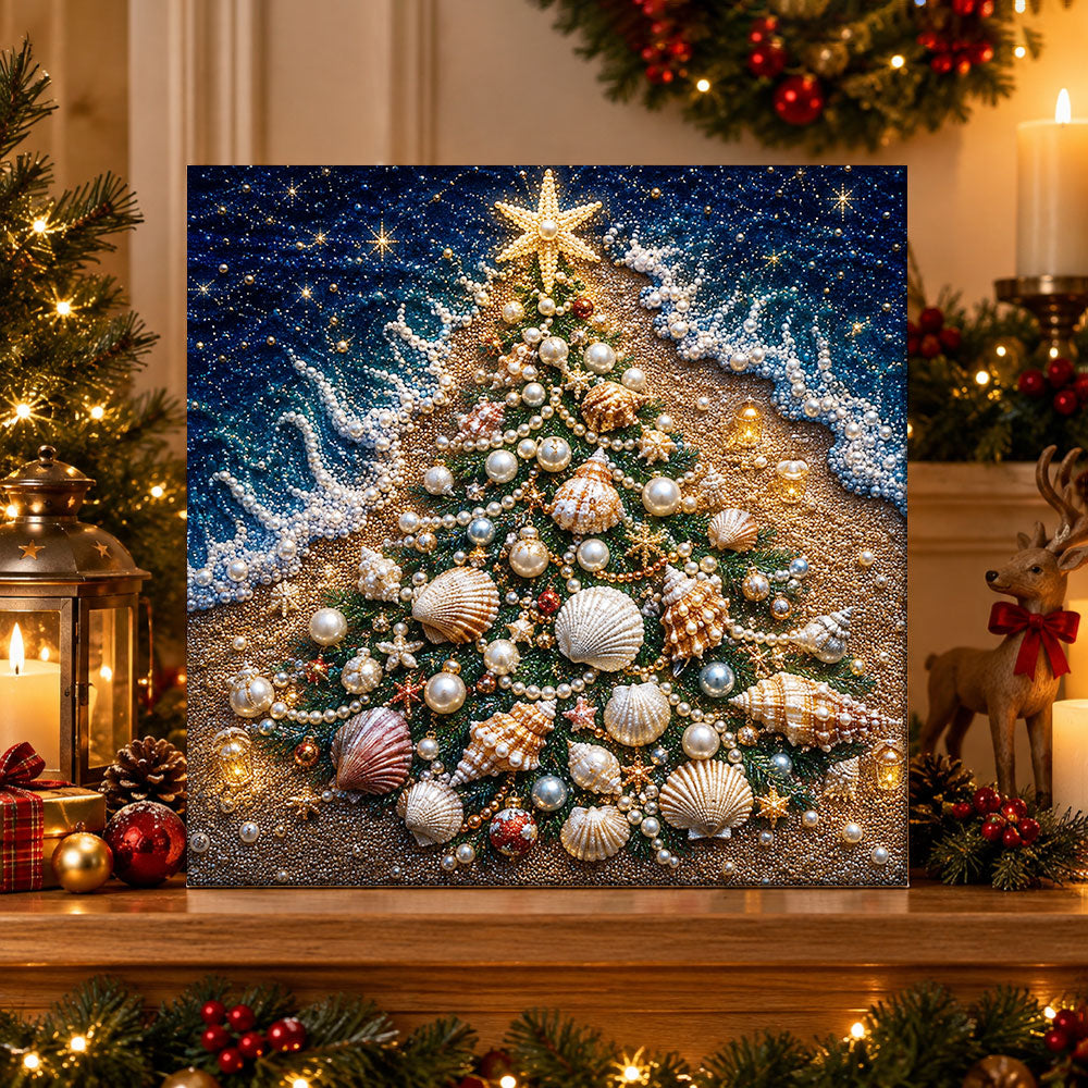 Finished seashell christmas tree pearl diamond painting artwork displayed as holiday home decor