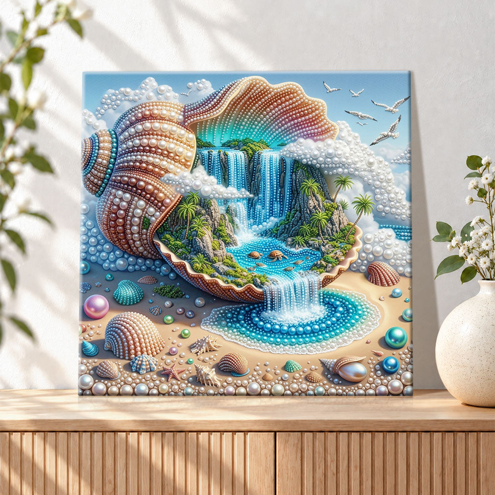 Finished seashell paradise waterfall pearl diamond painting artwork displayed as holiday home decor