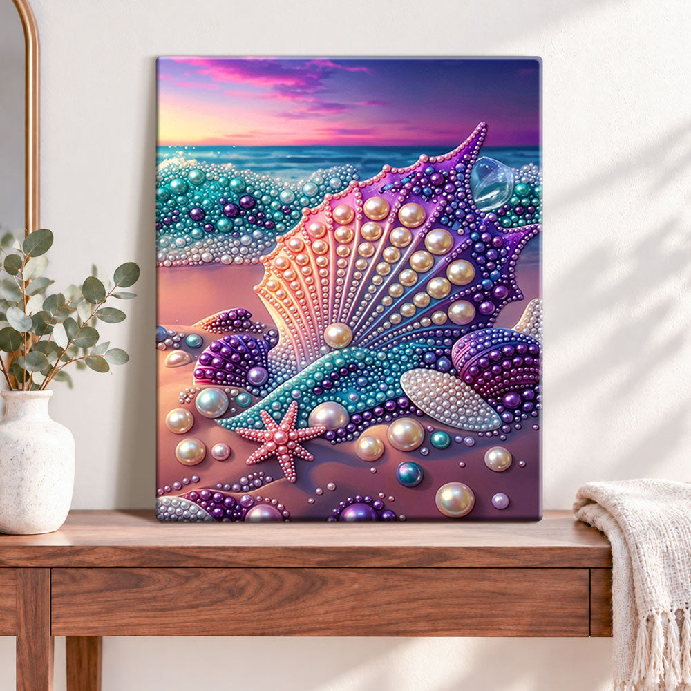 Finished seashell sunset shore pearl diamond painting artwork displayed as home decor