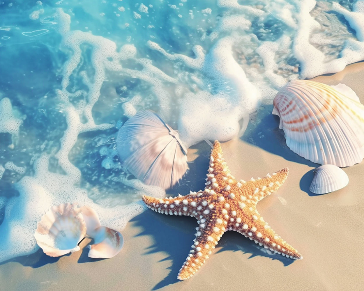 Seashells and starfish in ocean foam cross stitch kit for beginners