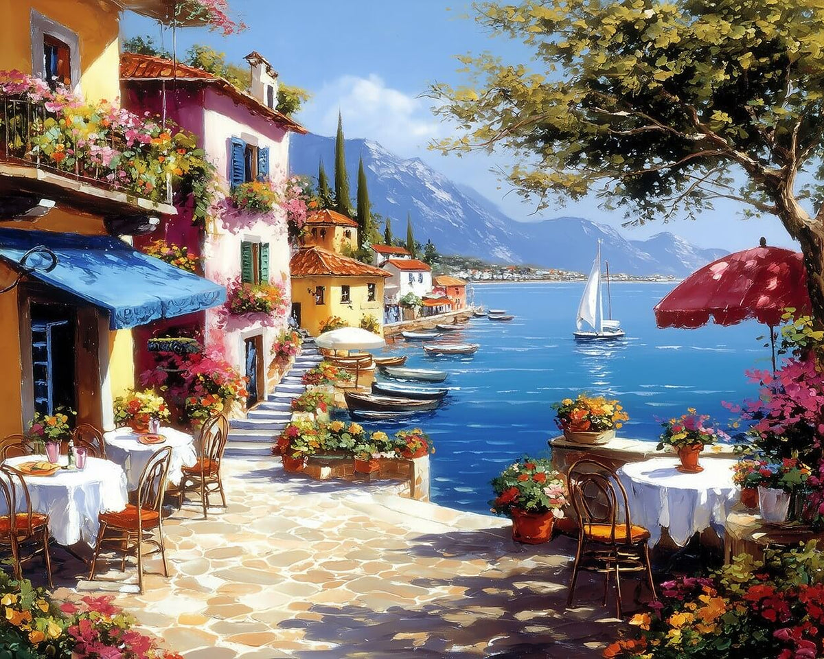 Seaside cafe with blue water view cross stitch kit for beginners