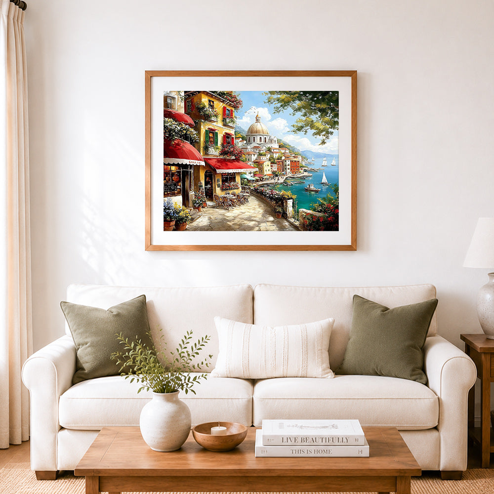 Finished seaside mediterranean cafe cross stitch artwork displayed as home decor