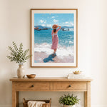 Finished seaside summer breeze cross stitch artwork displayed as home decor