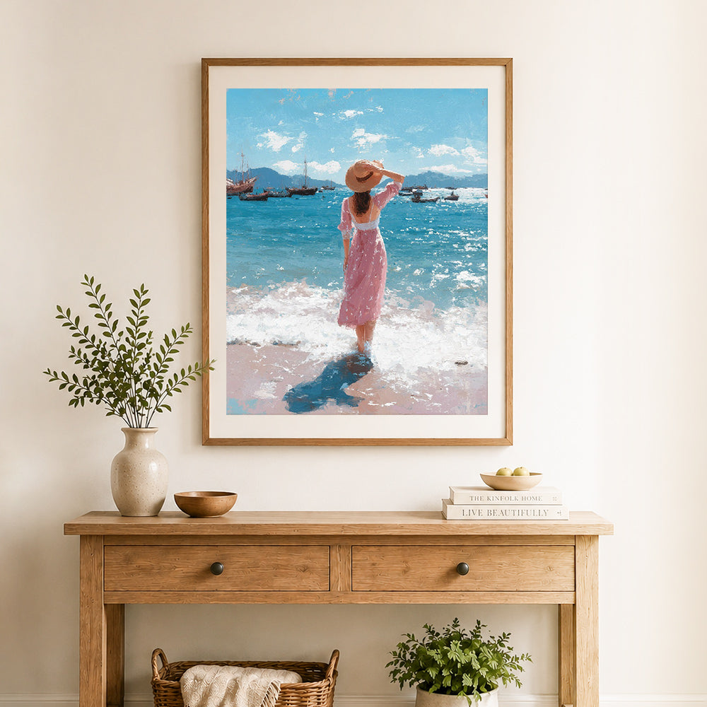 Finished seaside summer breeze cross stitch artwork displayed as home decor