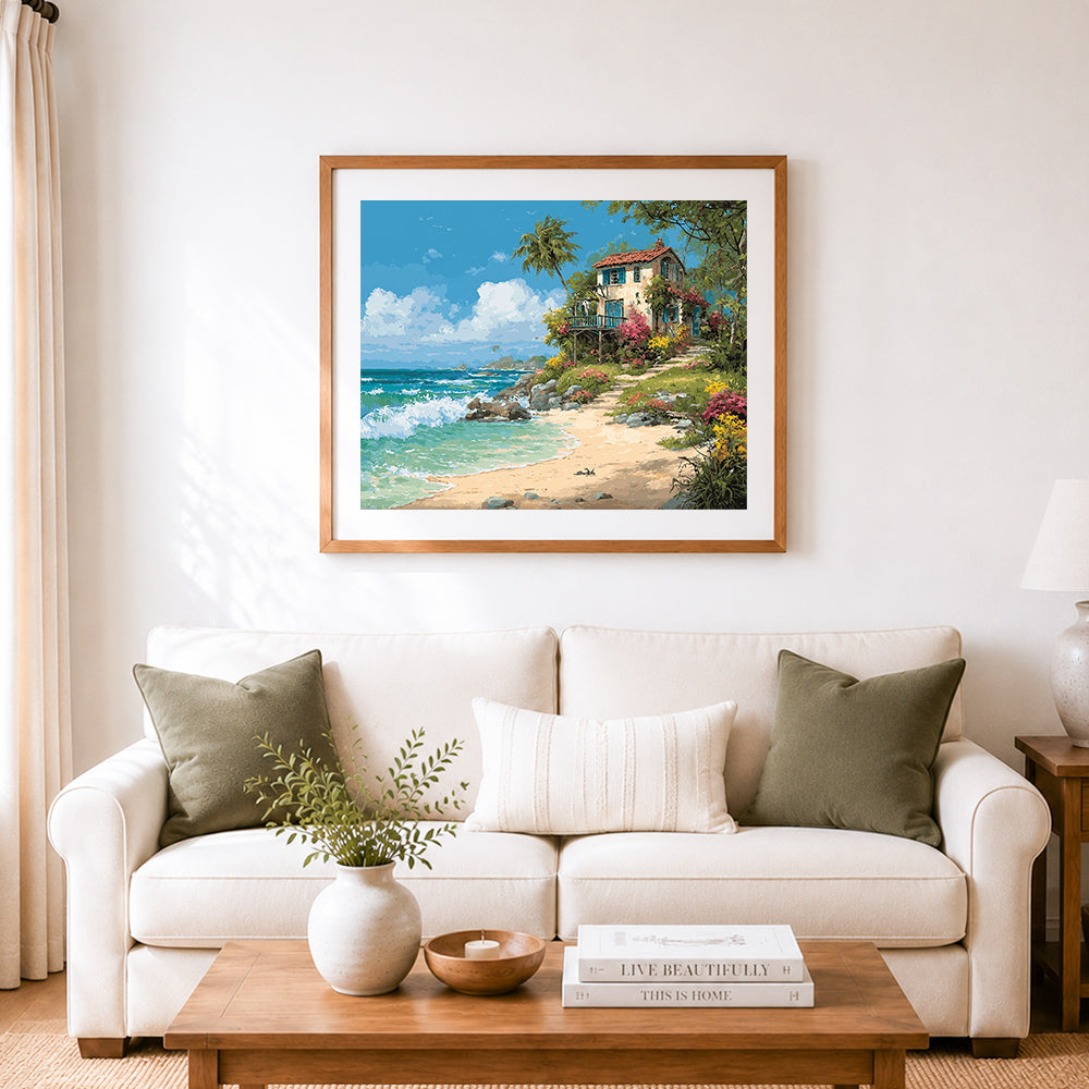 Finished seaside tropical cottage cross stitch artwork displayed as home decor