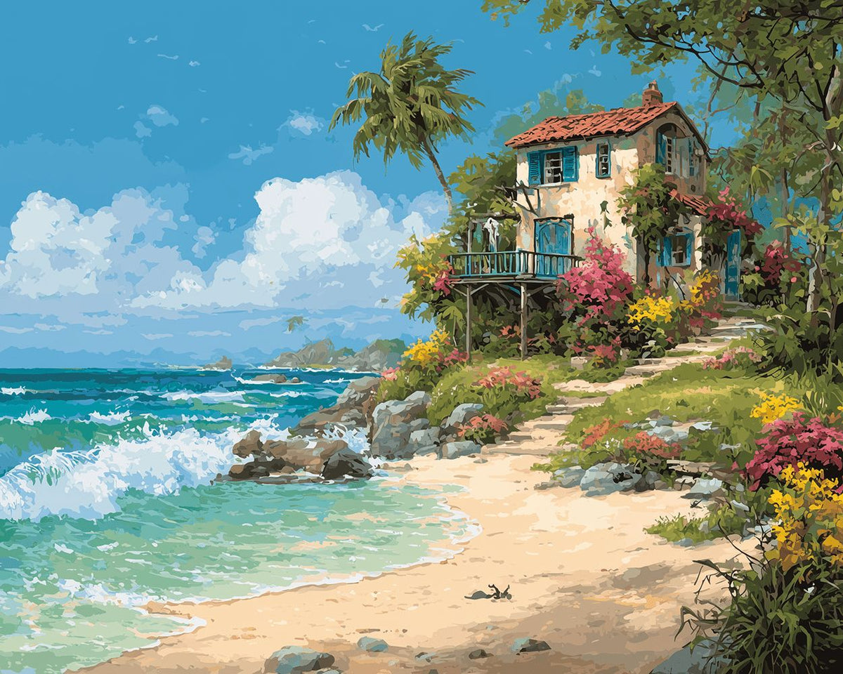 Seaside tropical cottage cross stitch kit for beginners
