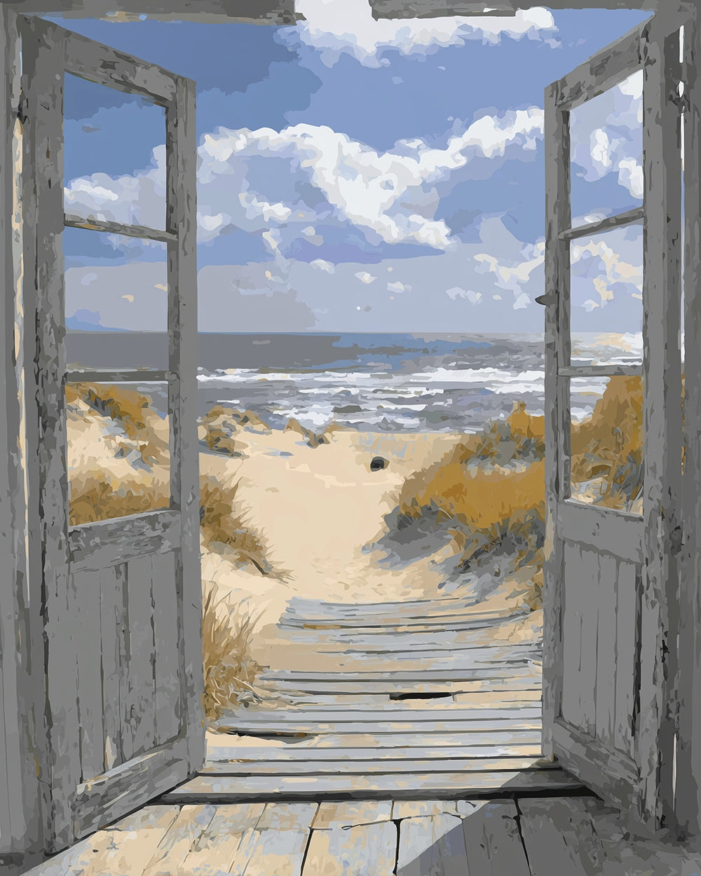 Seaside window view cross stitch kit for beginners