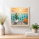 Finished seaview balcony sunset and potted plant artwork displayed on a wall