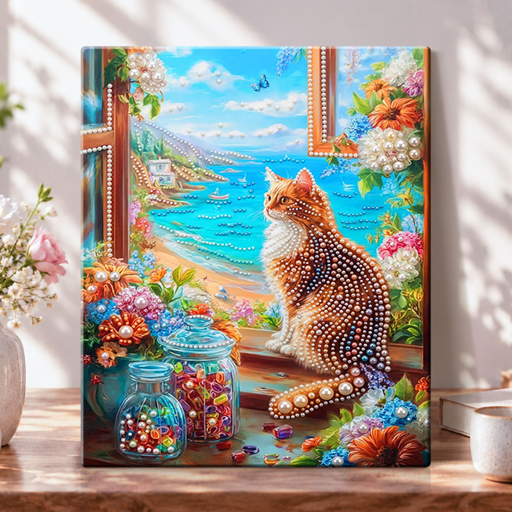 Seaview window kitten pearl diamond painting kit for beginners