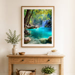 Finished secret forest waterfall cross stitch artwork displayed as home decor