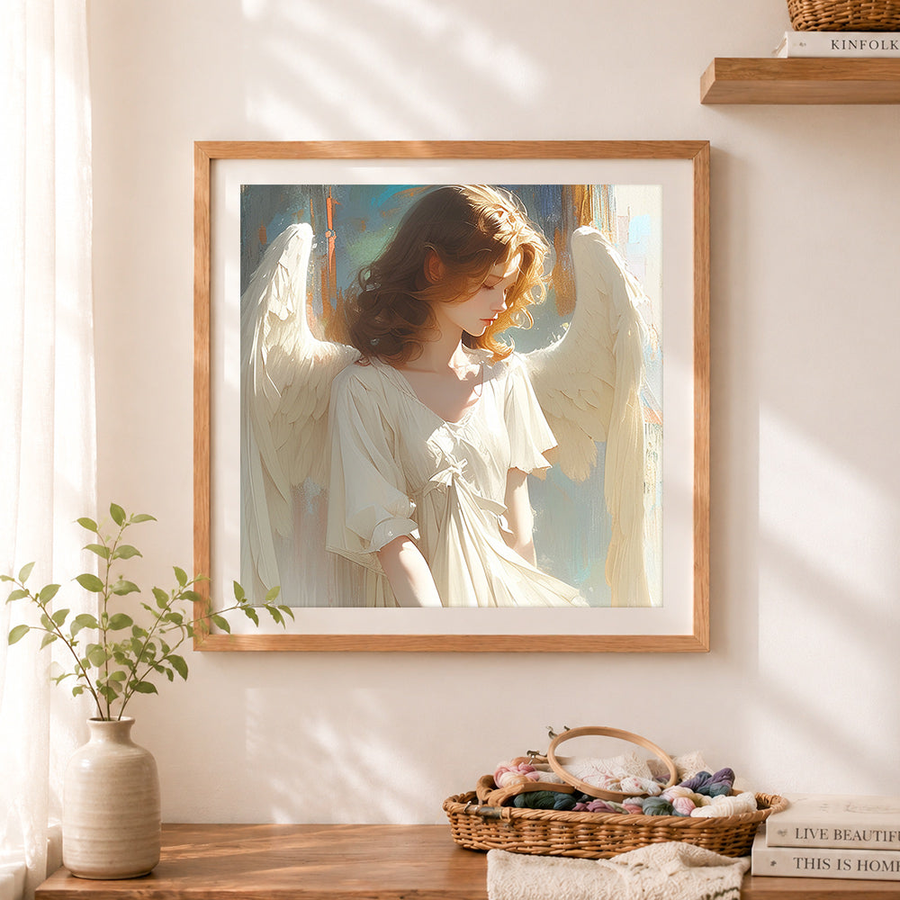 Finished serene angel with white wings cross stitch artwork displayed as home decor