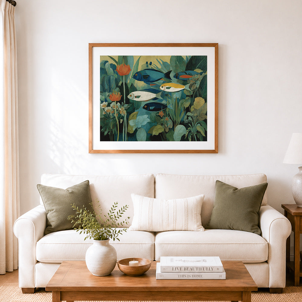 Finished serene aquarium fish and botanical flowers cross stitch artwork displayed as home decor