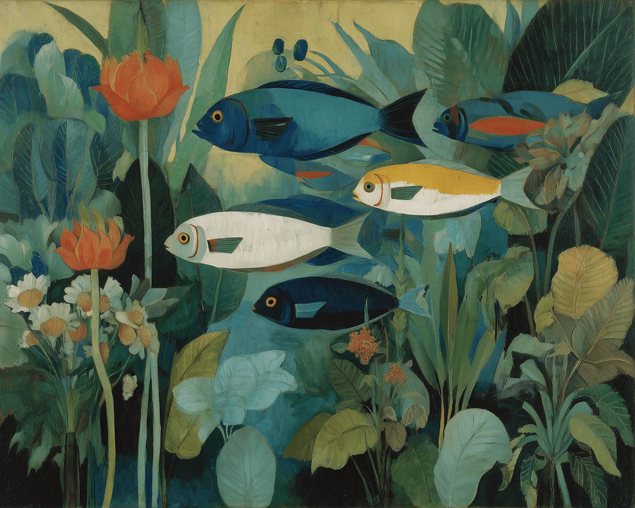 Serene aquarium fish and botanical flowers cross stitch kit for beginners