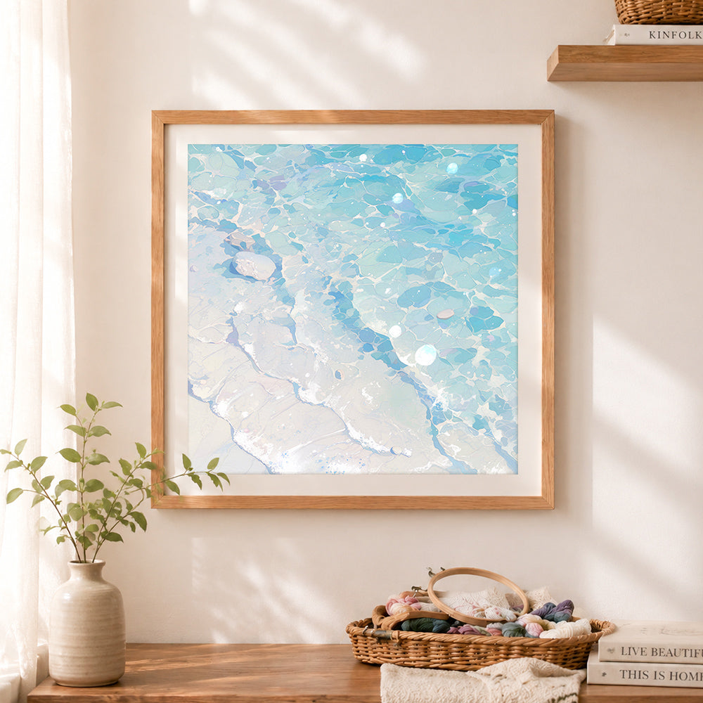 Finished serene crystal clear shallow water cross stitch artwork displayed as home decor