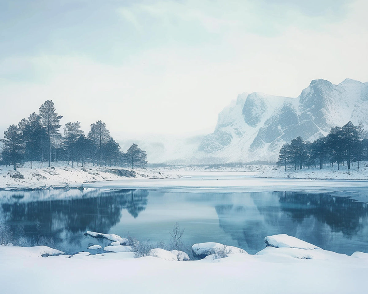 Serene frozen mountain lake cross stitch kit for beginners