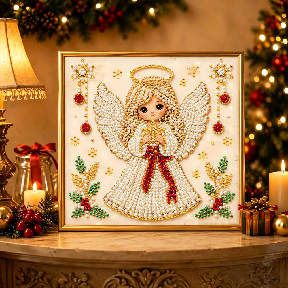Finished serene holiday angel pearl diamond painting artwork displayed as holiday home decor