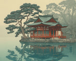 Serene lakeside shrine cross stitch kit for beginners